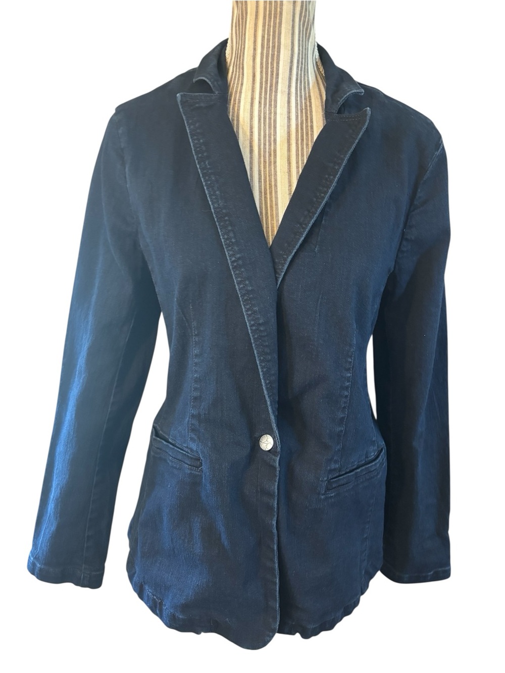 Jessica Simpson Blazer Jacket Large Navy Blue Denim 1-Button Cotton Pockets